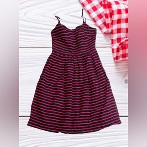 J. Crew cotton/linen spaghetti strap dress in red and black striped.